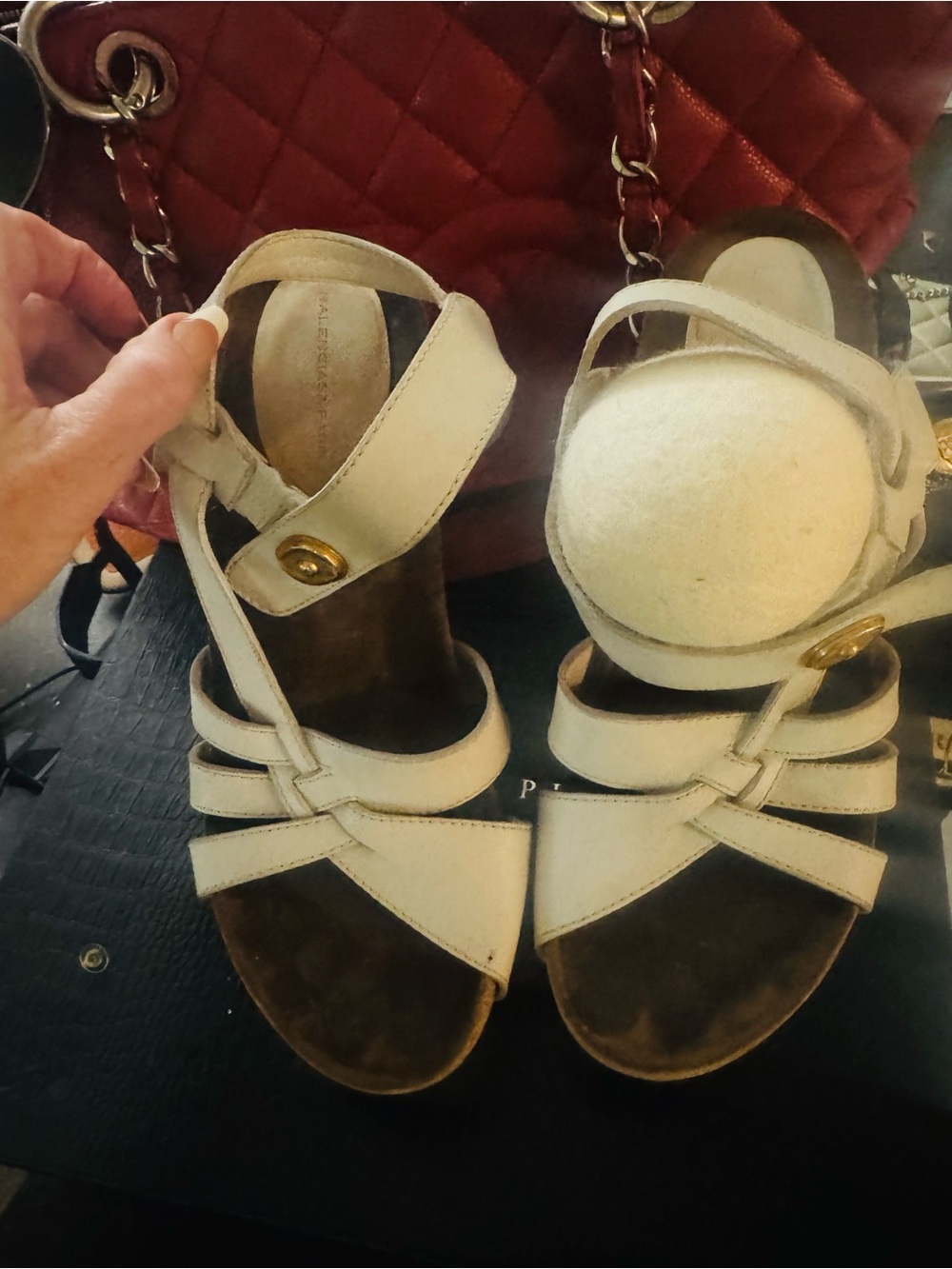 Balenciaga Cream Leather Multi-Strap Sandals with Gold Button Detail
